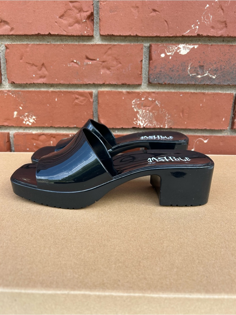 Mad Love Marni Jelly slide Sandals Y2K Chunky Block heel Sz 7 Black Square Toe